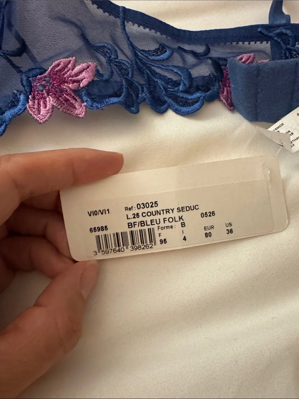 Blue & Pink Embroidered Lace Bra 36B & Thong Set L